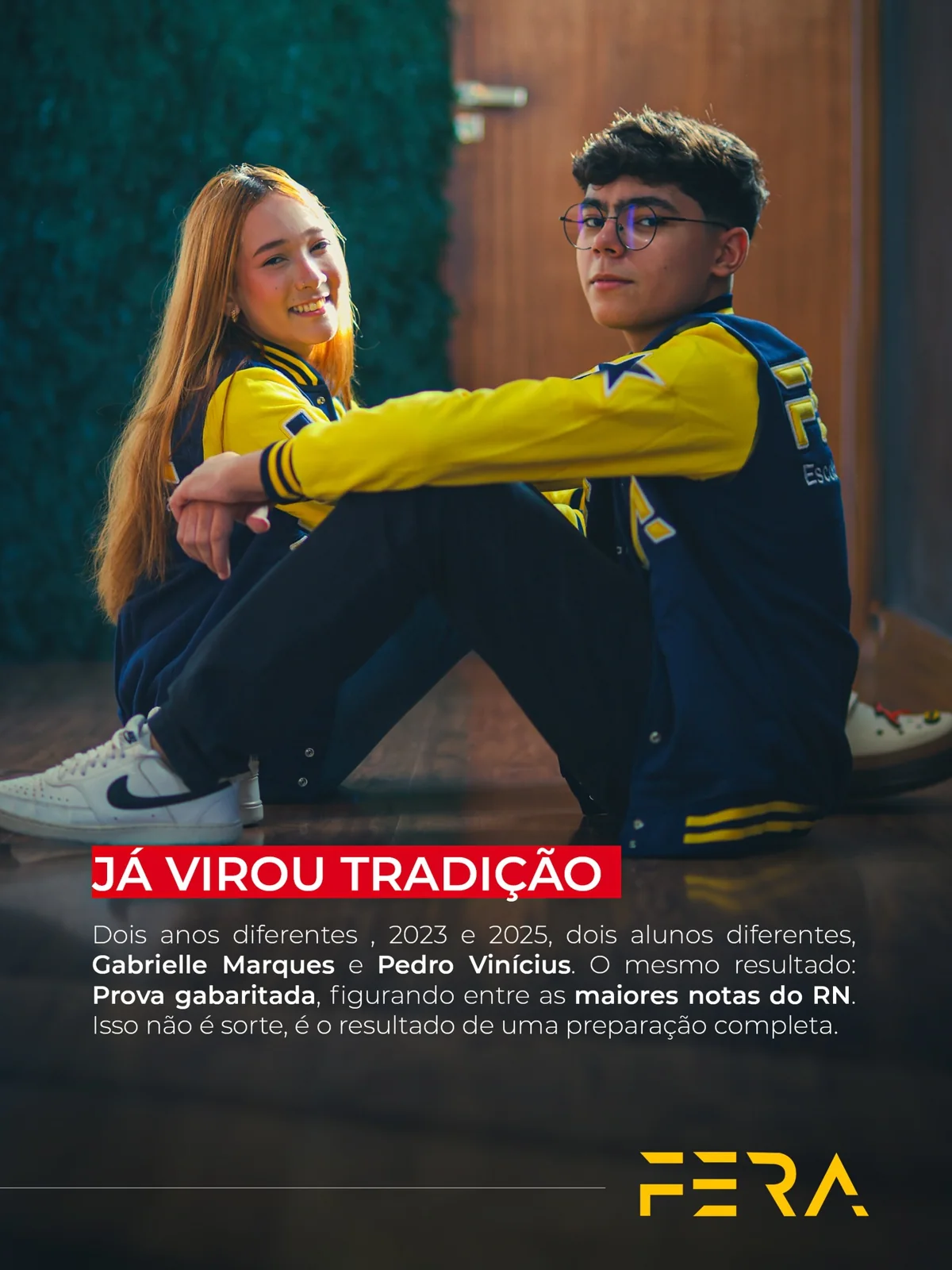 Publicação FERA sobre Gabrielle Marques e Pedro Vinícius, com provas gabaritadas em 2023 e 2025